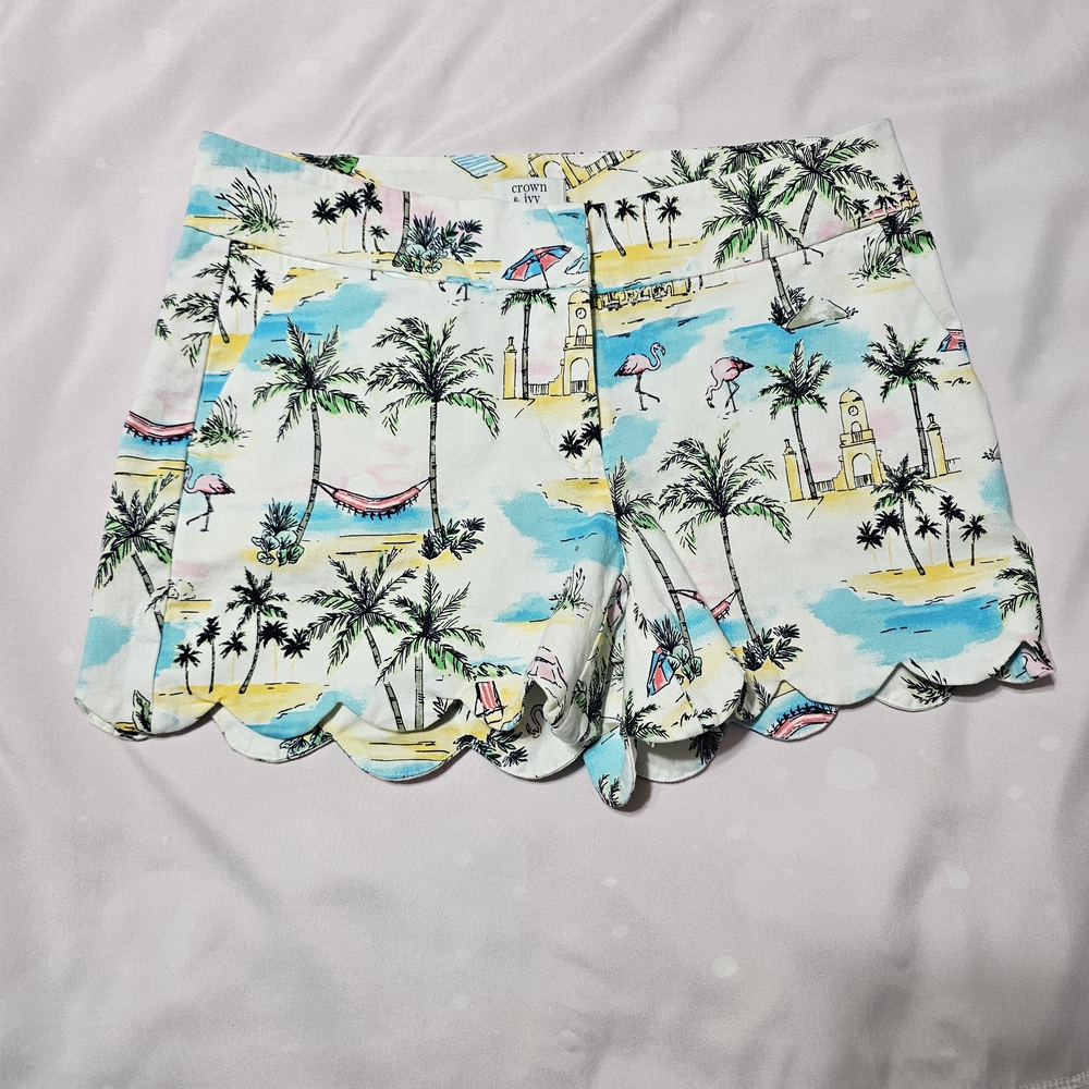 Crown & Ivy‎ Scallop Hem Tropical Beach Flamingo Shorts Womens Size 2 Coastal